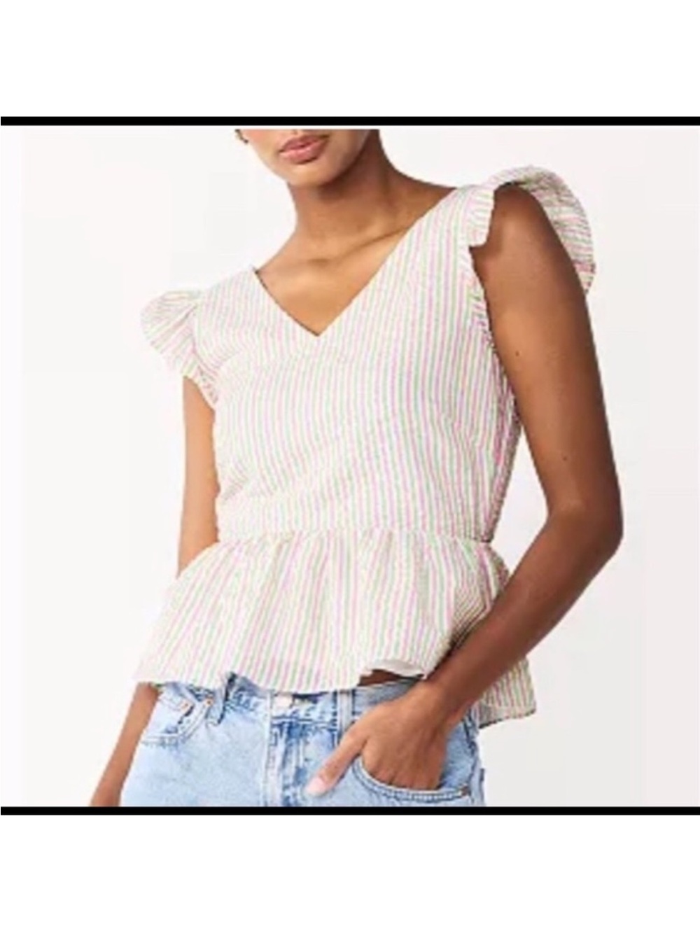 Draper James seersucker Striped V-Neck Peplum Ruffle Sleeve Top - White/Pastel